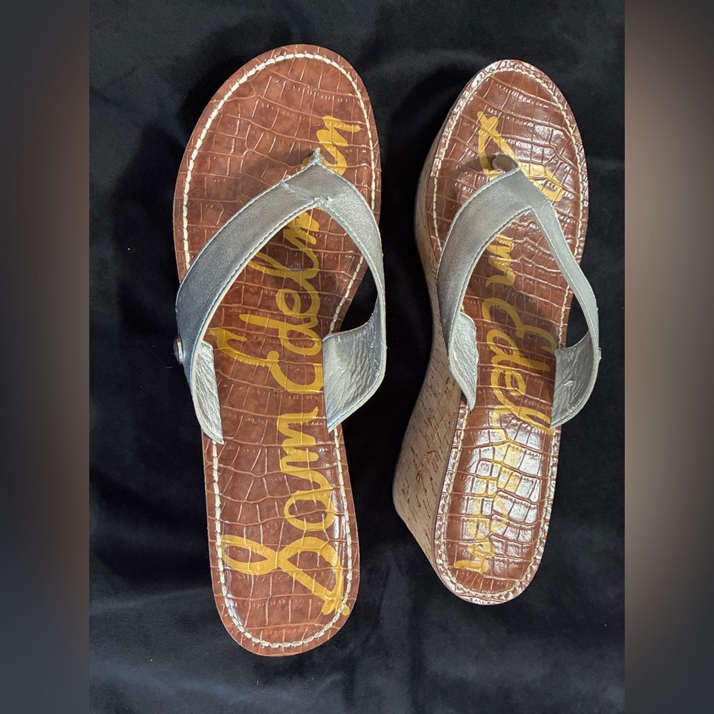 Sam Edelman silver w/tan wedge Sandals Size 11 See pictures showing some flaking